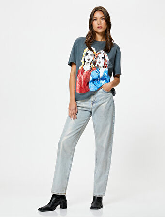 Baskılı Tişört Kısa Kollu Bisiklet Yaka Soluk Efektli Regular Fit