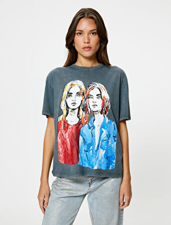 Baskılı Tişört Kısa Kollu Bisiklet Yaka Soluk Efektli Regular Fit