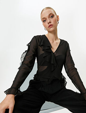 Şifon Transparan Bluz Fırfırlı V Yaka Uzun Kollu