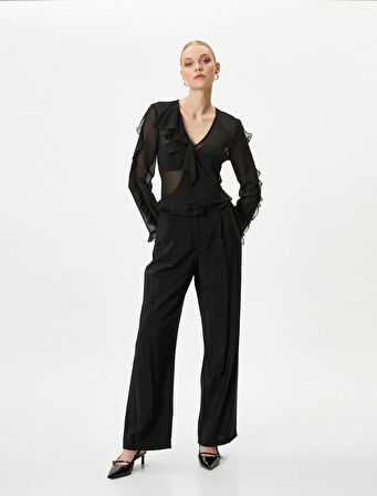 Şifon Transparan Bluz Fırfırlı V Yaka Uzun Kollu