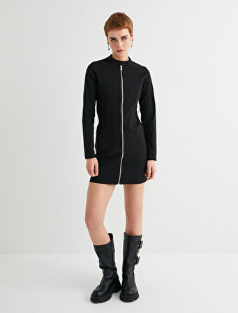 Fermuarlı Mini Elbise Uzun Kollu Dik Yaka Slim Fit Cep Detaylı
