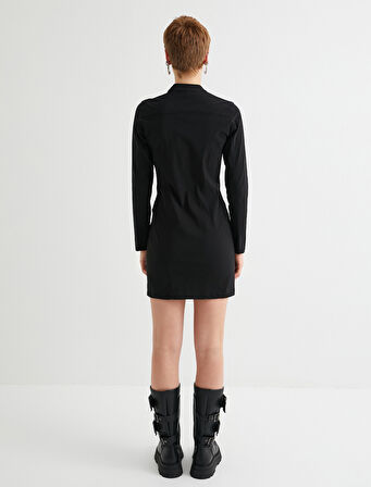 Fermuarlı Mini Elbise Uzun Kollu Dik Yaka Slim Fit Cep Detaylı