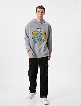 Arkası Baskılı Sweatshirt Oversize Kapşonlu Uzakdoğu Temalı