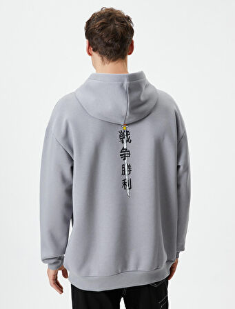 Arkası Baskılı Sweatshirt Oversize Kapşonlu Uzakdoğu Temalı