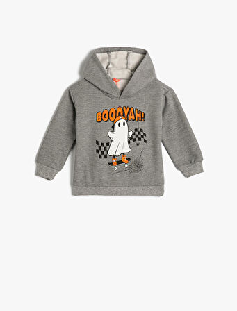 Kapşonlu Sweatshirt Uzun Kollu Hayalet Baskı Detaylı Şardonlu