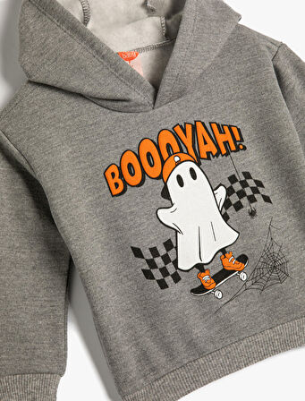 Kapşonlu Sweatshirt Uzun Kollu Hayalet Baskı Detaylı Şardonlu