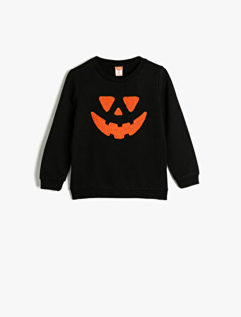 Sweatshirt Balkabağı Baskılı Bisiklet Yaka Uzun Kollu Pamuklu