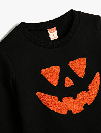 Sweatshirt Balkabağı Baskılı Bisiklet Yaka Uzun Kollu Pamuklu