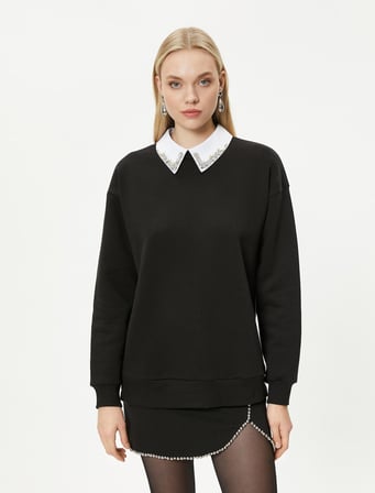 Gömlek Yaka Sweatshirt Parlak Taşlı Uzun Kollu