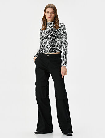 Leopar Desenli Tişört Uzun Kollu Dik Yaka