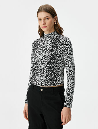 Leopar Desenli Tişört Uzun Kollu Dik Yaka