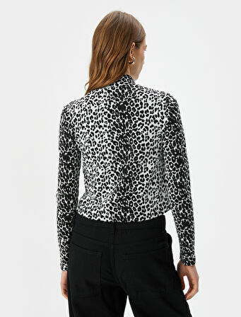Leopar Desenli Tişört Uzun Kollu Dik Yaka