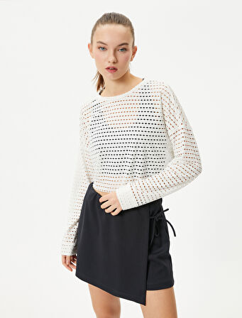 Crop File Tişört Spor Uzun Kollu Bisiklet Yaka 