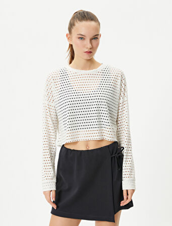 Crop File Tişört Spor Uzun Kollu Bisiklet Yaka 