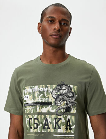 Uzakdoğu Baskılı Tişört Bisiklet Yaka Kısa Kollu