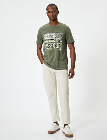 Uzakdoğu Baskılı Tişört Bisiklet Yaka Kısa Kollu