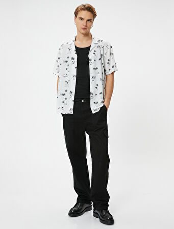 Yazlık Gömlek Palmiye Desenli Kısa Kollu Devrik Yaka Viskon