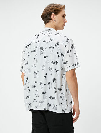 Yazlık Gömlek Palmiye Desenli Kısa Kollu Devrik Yaka Viskon