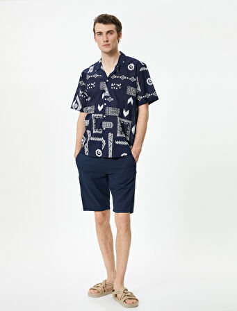 Etnik Desenli Gömlek Devrik Yaka Kısa Kollu Düğmeli