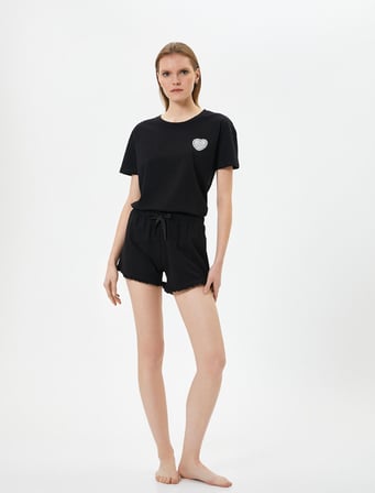 Şortlu Pijama Takımı Kısa Kollu Baskılı Pamuklu