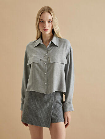 Şahika Ercümen X Koton - Düğmeli Uzun Kollu Crop Gömlek