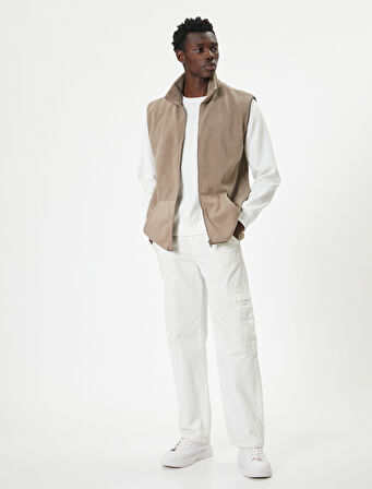 Peluş Yelek Fermuarlı Kanguru Cep Detaylı Dik Yaka