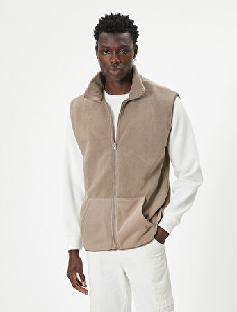 Peluş Yelek Fermuarlı Kanguru Cep Detaylı Dik Yaka