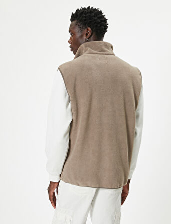 Peluş Yelek Fermuarlı Kanguru Cep Detaylı Dik Yaka