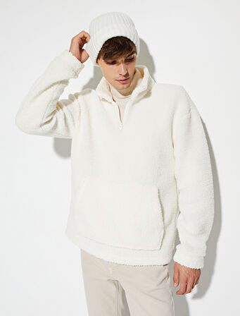 Peluş Sweatshirt Yarım Fermuarlı Dik Yaka Cepli