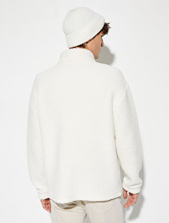 Peluş Sweatshirt Yarım Fermuarlı Dik Yaka Cepli