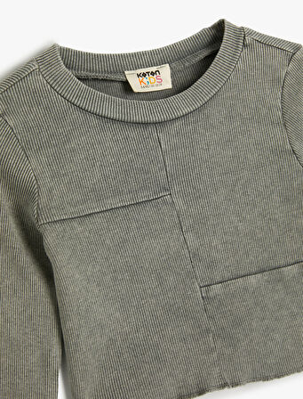 Tişört Uzun Kollu Bisiklet Yaka Kaşkorse Dikiş Detaylı Pamuklu 