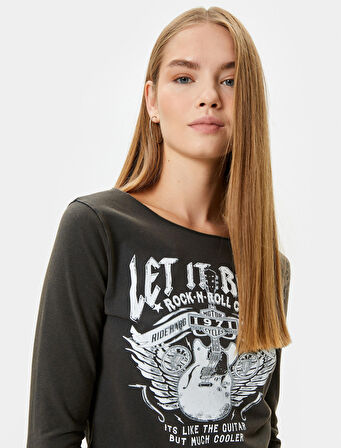 Uzun Kollu Tişört Pamuklu Müzik Temalı Baskılı Yuvarlak Yaka