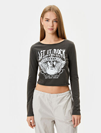 Uzun Kollu Tişört Pamuklu Müzik Temalı Baskılı Yuvarlak Yaka