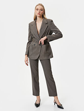 Kemerli Blazer Ceket Kruvaze Düğmeli Cepli