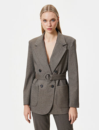 Kemerli Blazer Ceket Kruvaze Düğmeli Cepli