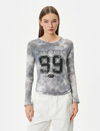 Fileli Tişört Kolej Temalı Baskılı Batik Desenli Uzun Kollu Pamuklu Slim Fit 