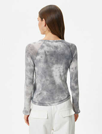 Fileli Tişört Kolej Temalı Baskılı Batik Desenli Uzun Kollu Pamuklu Slim Fit 