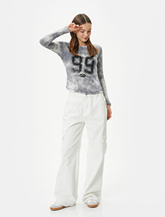 Fileli Tişört Kolej Temalı Baskılı Batik Desenli Uzun Kollu Pamuklu Slim Fit 