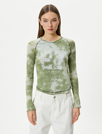 Fileli Tişört Kolej Temalı Baskılı Batik Desenli Uzun Kollu Pamuklu Slim Fit 