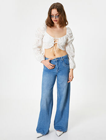 Fisto Crop Bluz Balon Kol Kalp Yaka Bağlama Detaylı Slim Fit