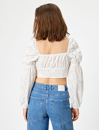 Fisto Crop Bluz Balon Kol Kalp Yaka Bağlama Detaylı Slim Fit