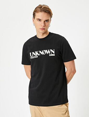 Slogan Baskılı Tişört Bisiklet Yaka Kısa Kollu