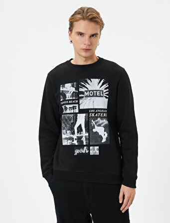 Bisiklet Yaka Sweatshirt Slogan Baskılı Uzun Kollu