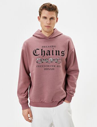 Kapşonlu Sweatshirt Slogan Baskılı Uzun Kollu