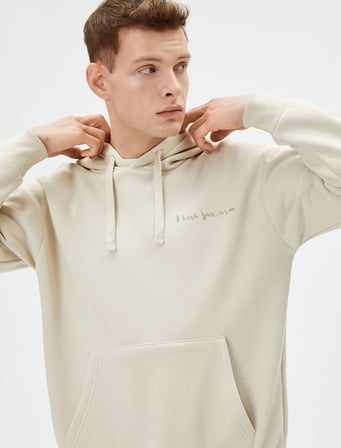Arkası Baskılı Hoodie Oversize Sloganlı Kanguru Cep Detaylı