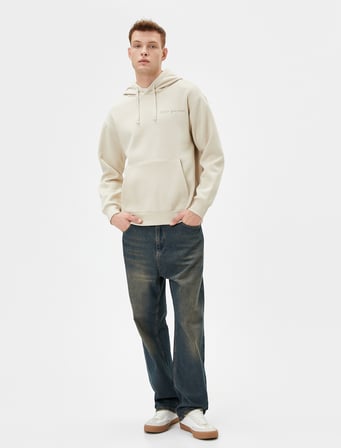 Arkası Baskılı Hoodie Oversize Sloganlı Kanguru Cep Detaylı