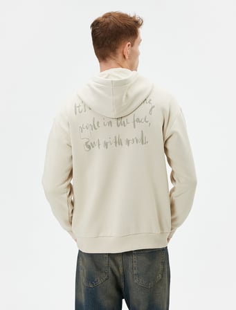 Arkası Baskılı Hoodie Oversize Sloganlı Kanguru Cep Detaylı