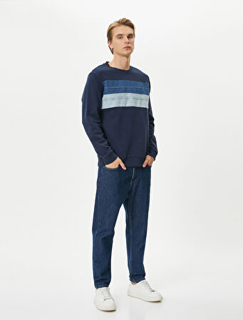 Bisiklet Yaka Sweatshirt Kumaş Bloklu Uzun Kollu Pamuklu