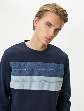 Bisiklet Yaka Sweatshirt Kumaş Bloklu Uzun Kollu Pamuklu