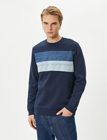 Bisiklet Yaka Sweatshirt Kumaş Bloklu Uzun Kollu Pamuklu